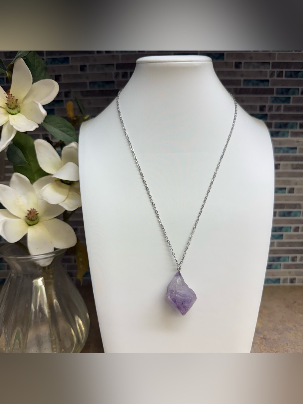 Amethyst raw point crystal pendant necklace